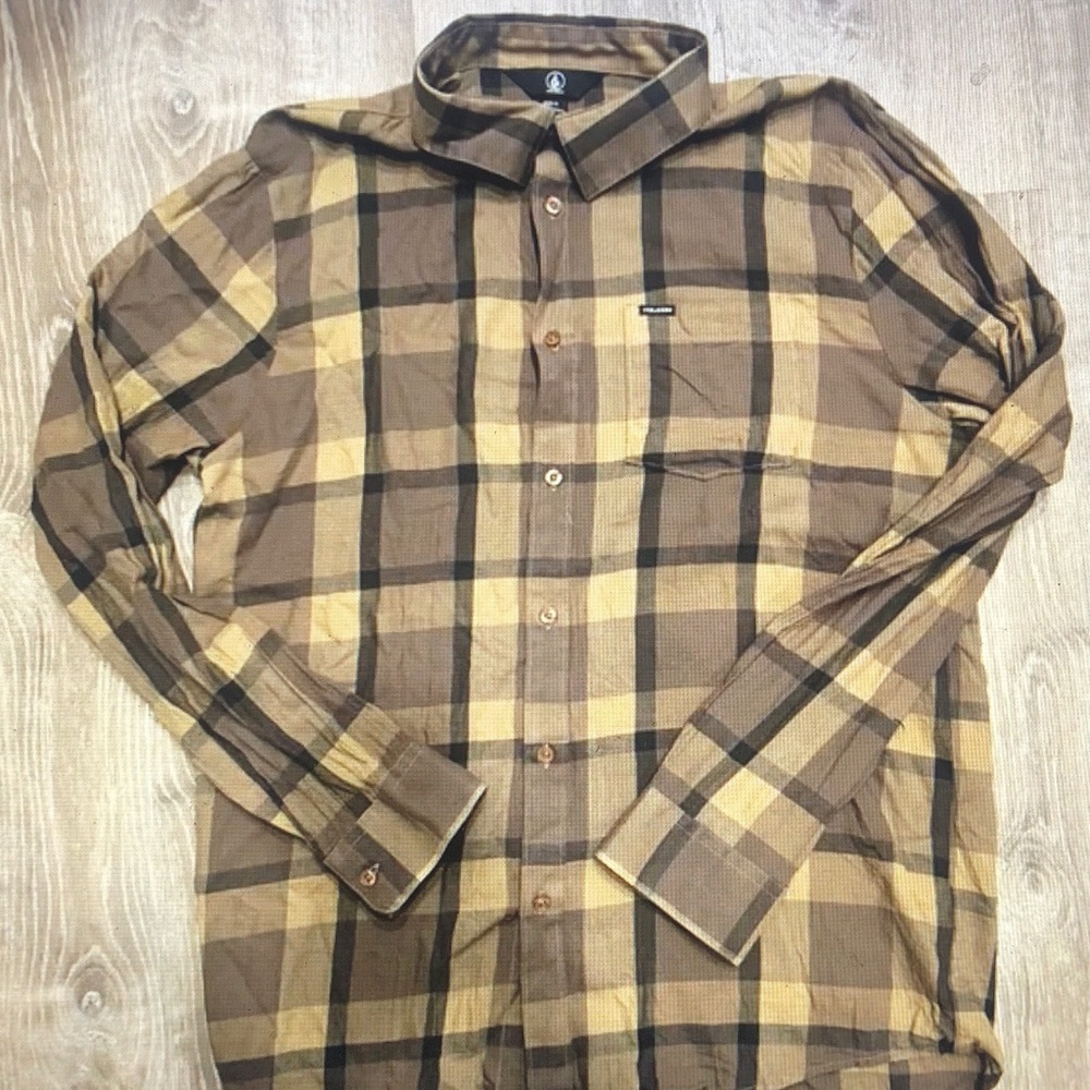 Volcom Tan and Brown Plaid Men's Shirt